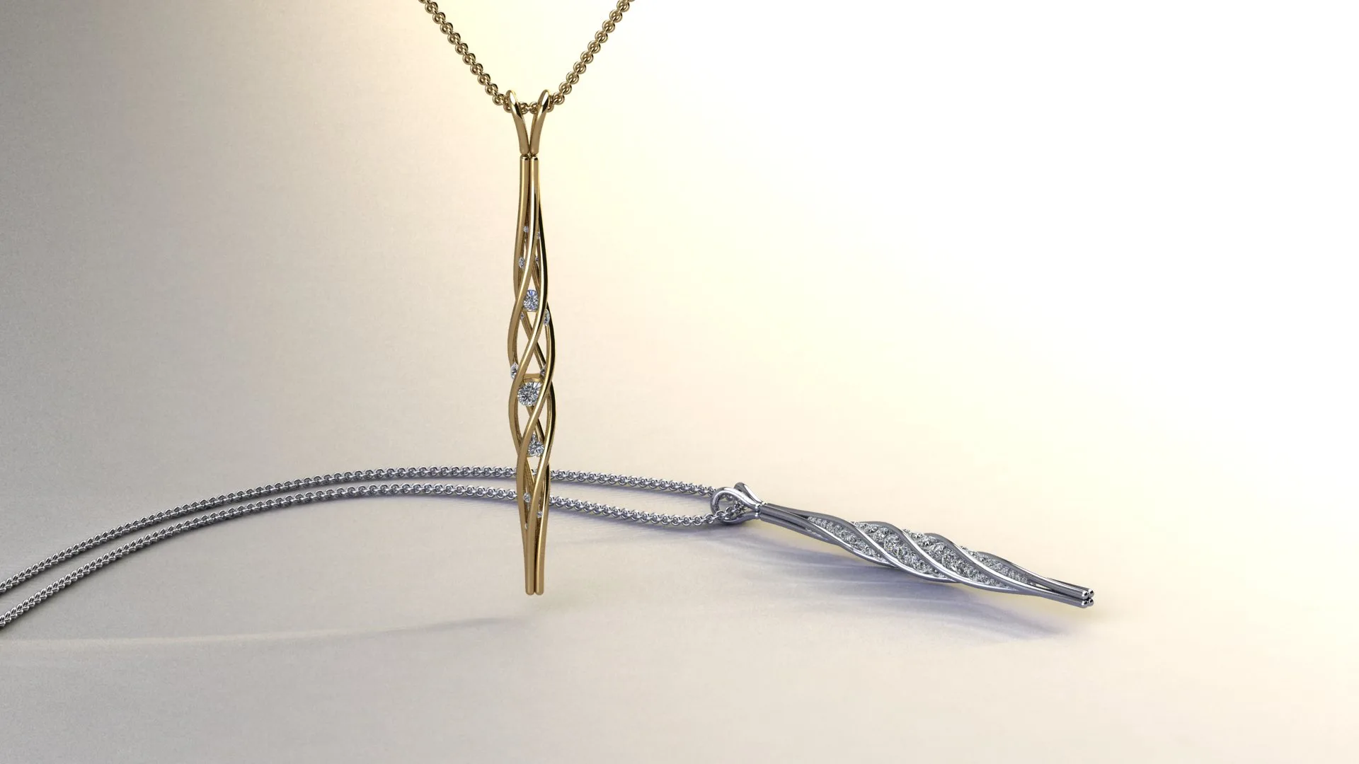 Variations of Scattered / Full, and Gold / Platinum product images of the Diamond 'Twist' Necklace Pendants Designed by Canterbury, Kent Jeweller