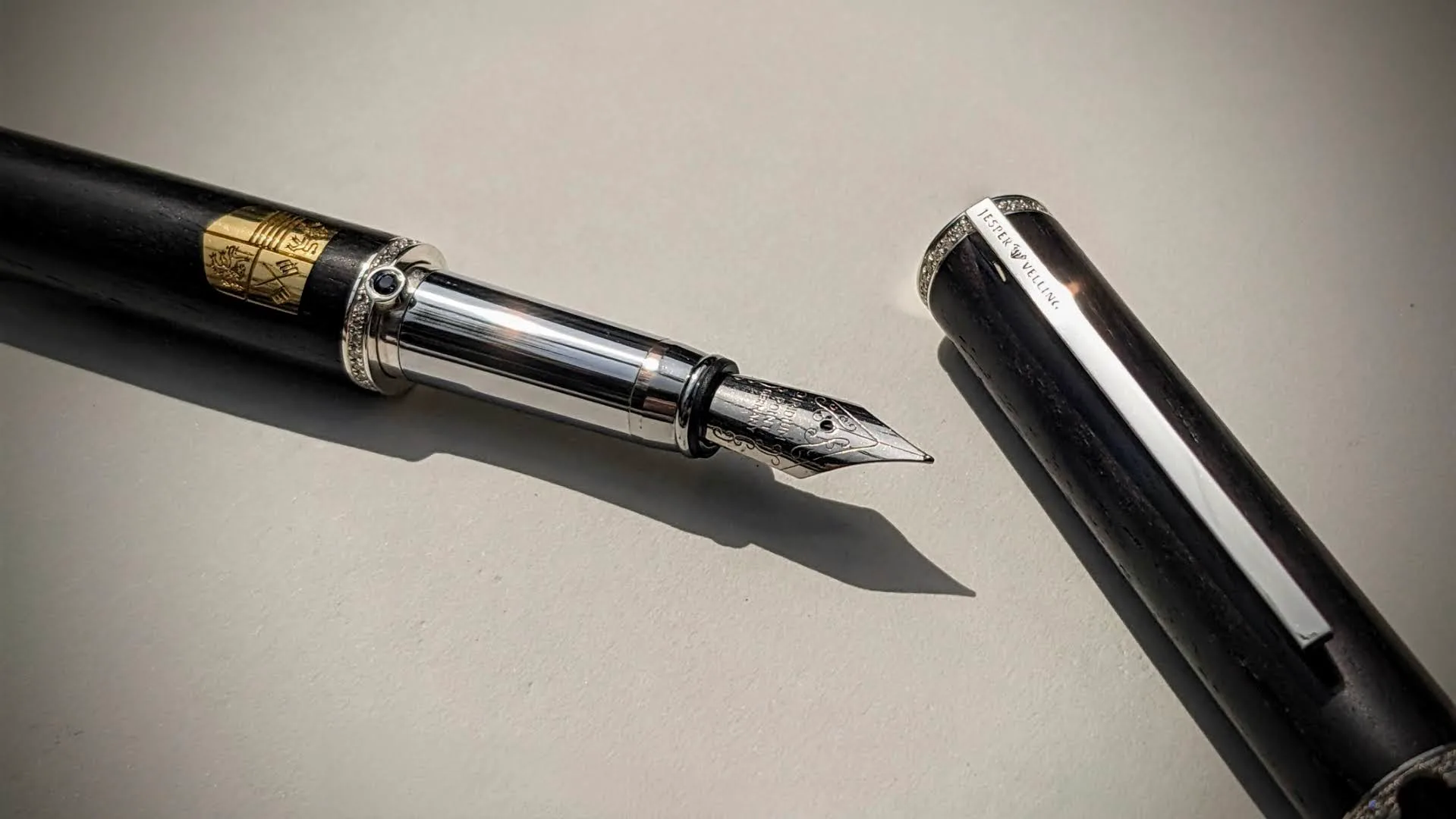 Ebony, Silver, Gold, and Diamond Fountain and Ballpoint Pen with Seal Engraving. Handmade Bespoke Commission Made by Canterbury Kent Jeweller