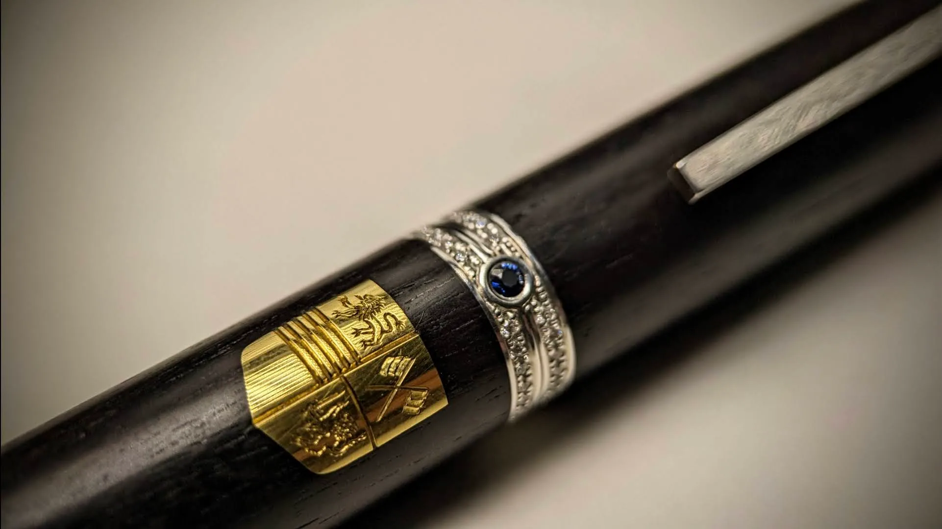 Ebony, Silver, Gold, and Diamond Fountain and Ballpoint Pen with Seal Engraving. Handmade Bespoke Commission Made by Canterbury Kent Jeweller
