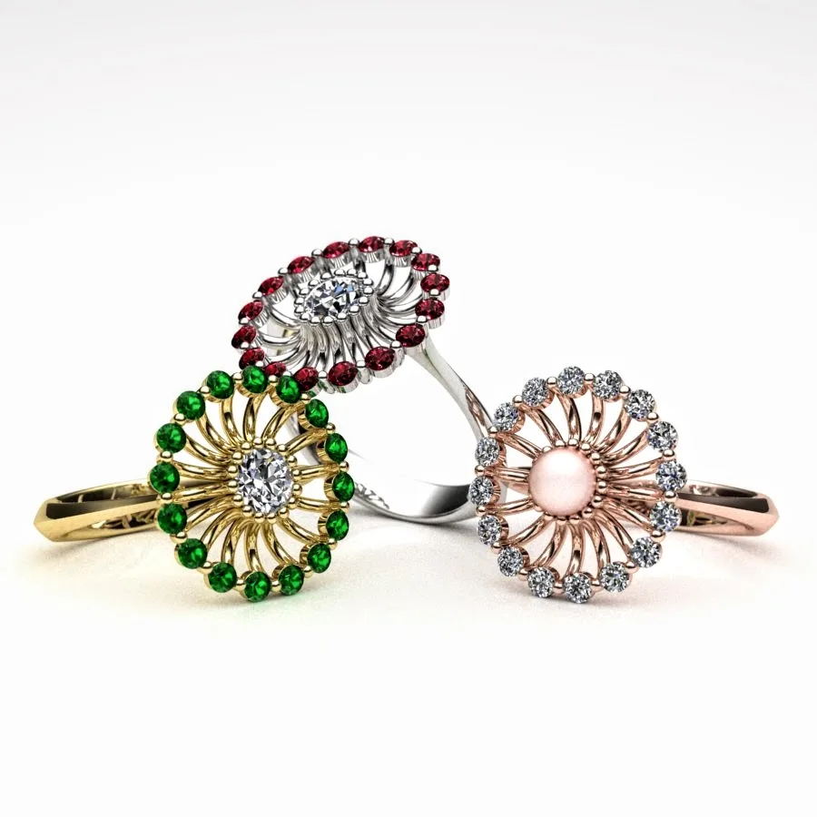 Variations of Gemstones and Precious Metals in a set of 'Corona' Ring Products, Bespoke Design by Canterbury, Kent Jeweller