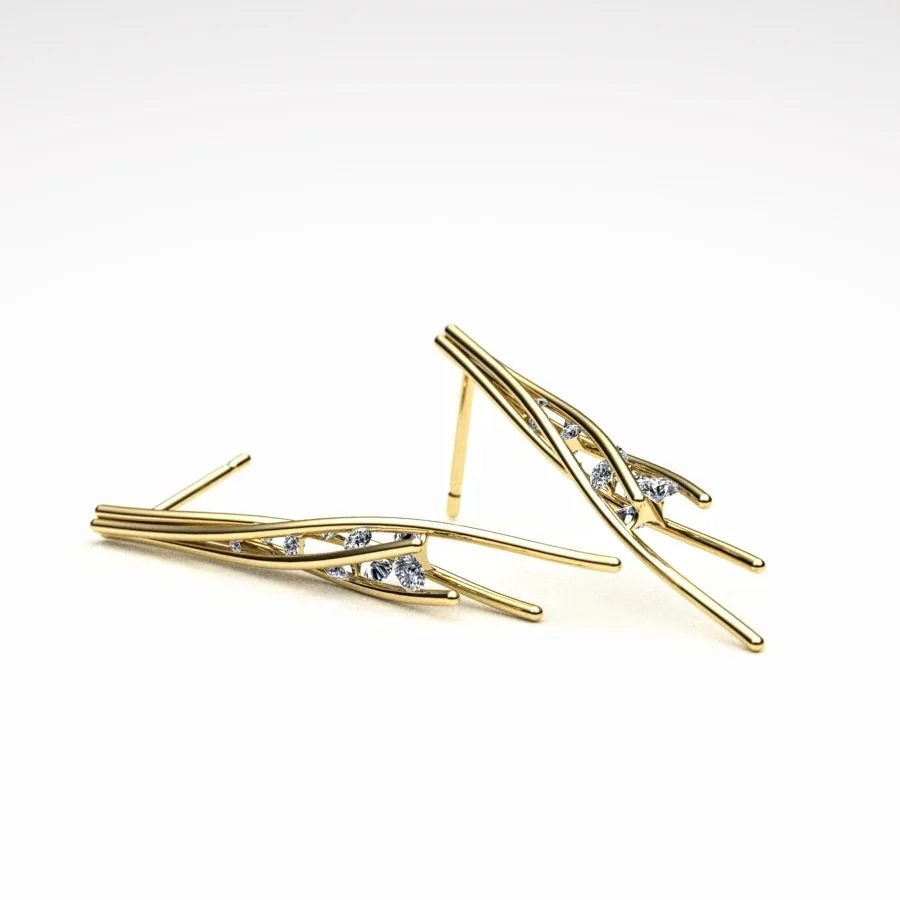 Scattered Diamond Twist Earrings made of Gold and Diamonds, Bespoke Designed by Canterbury Kent Jewellers