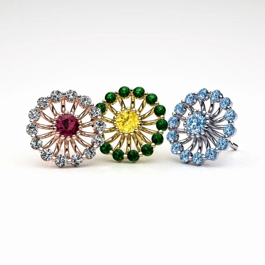 Variations of Gemstones and Precious Metals in a set of 'Corona' Earring Products, Bespoke Design by Canterbury, Kent Jeweller