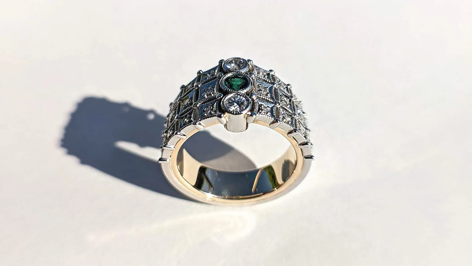 Diamond and Emerald, Platinum and Gold Commissioned Ring. Bespoke Design Handmade by Canterbury Kent Jewellers
