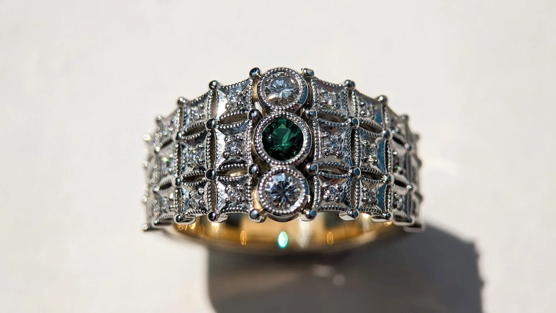 Diamond and Emerald, Platinum and Gold Commissioned Ring. Bespoke Design Handmade by Canterbury Kent Jewellers