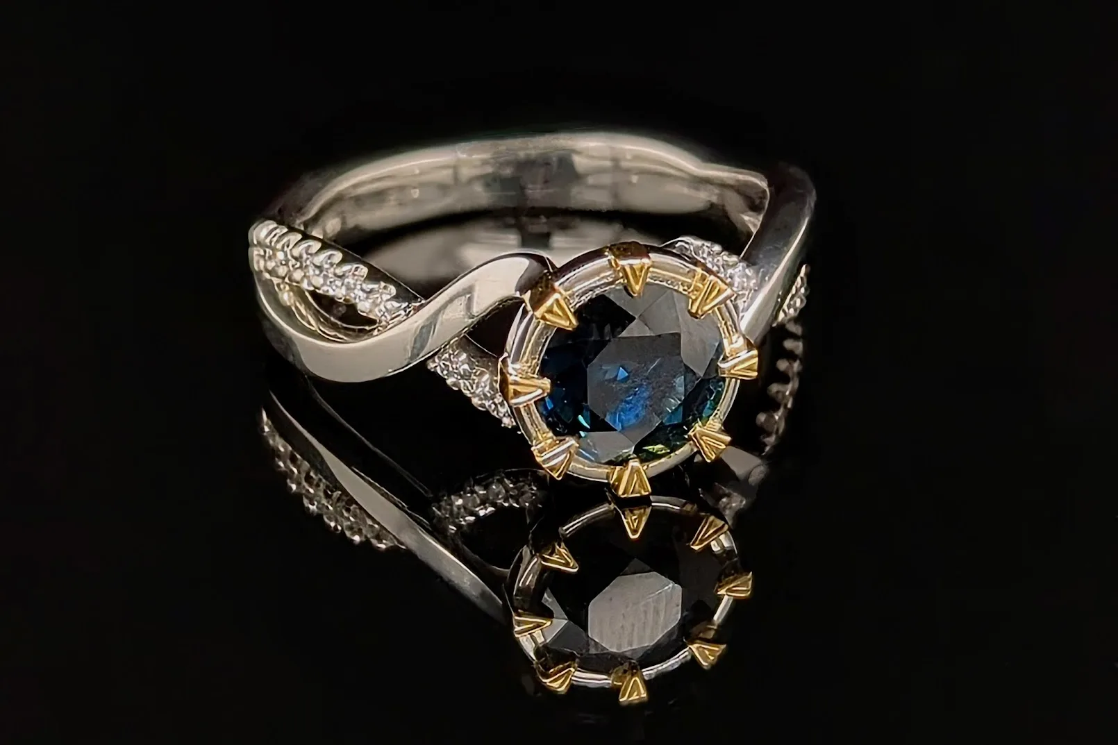 Blue Sapphire and Diamond Platinum Curved Personalised Engagement Ring. Bespoke Design Handmade by Canterbury Kent Jewellers