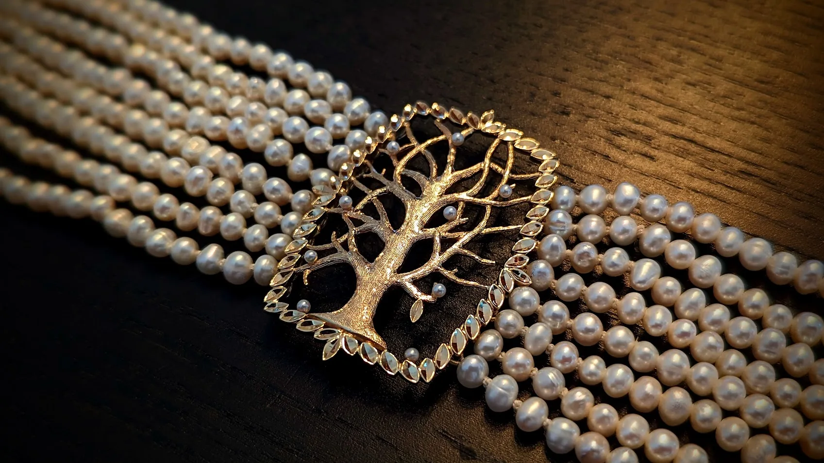 Gold and Pearl Choker with tree and leaf Engraving, Handmade by Canterbury, Kent Jeweller