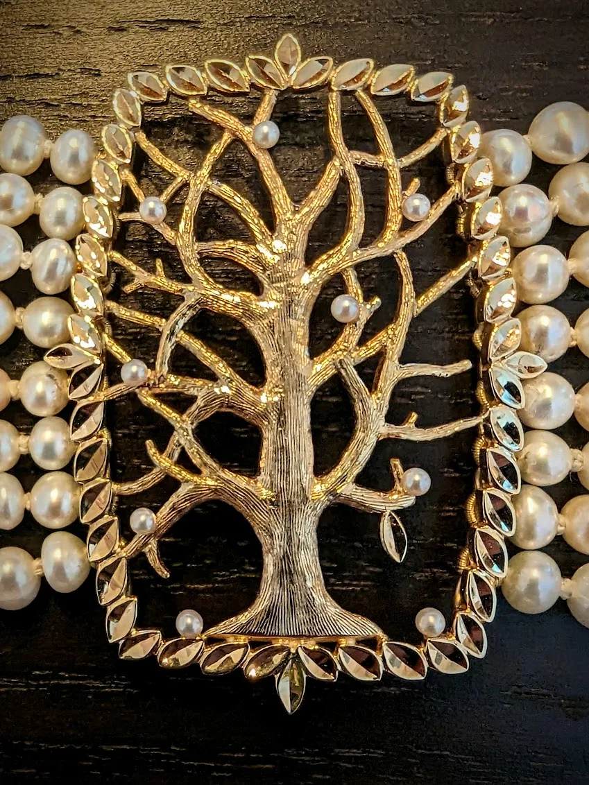 Gold and Pearl Choker with tree and leaf Engraving, Handmade by Canterbury, Kent Jeweller