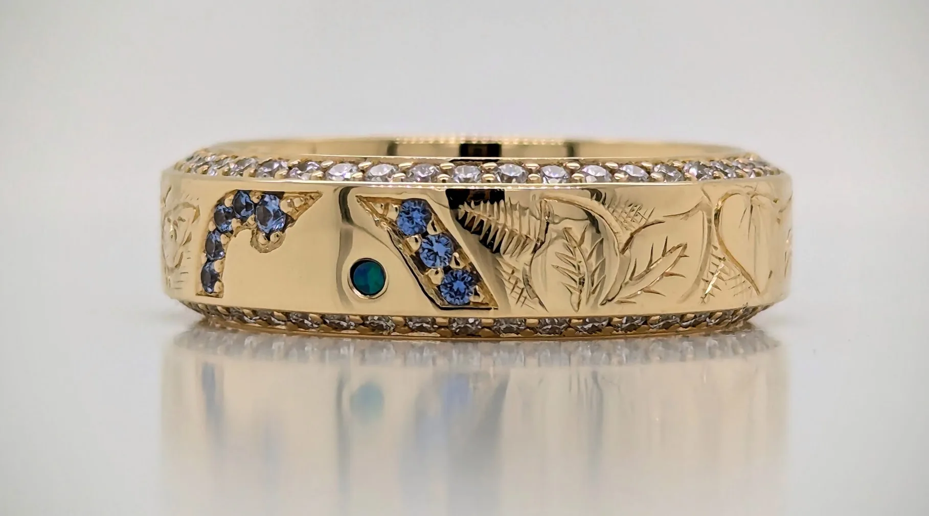 Gold, Diamond and Sapphire Personalised Engraved Ring made by Bespoke Canterbury, Kent Jeweller