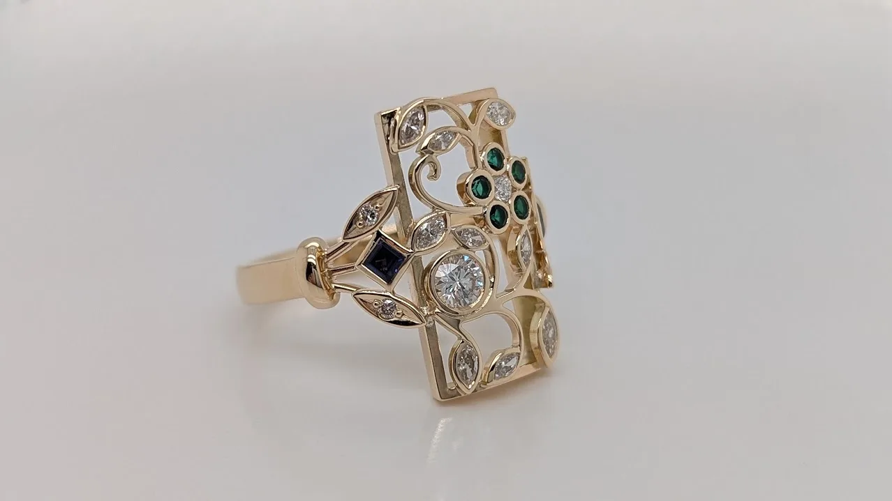 Ornate Floral Gold, Emerald, Sapphire, Diamond Ring. Bespoke Design Handmade by Canterbury Kent Jewellers