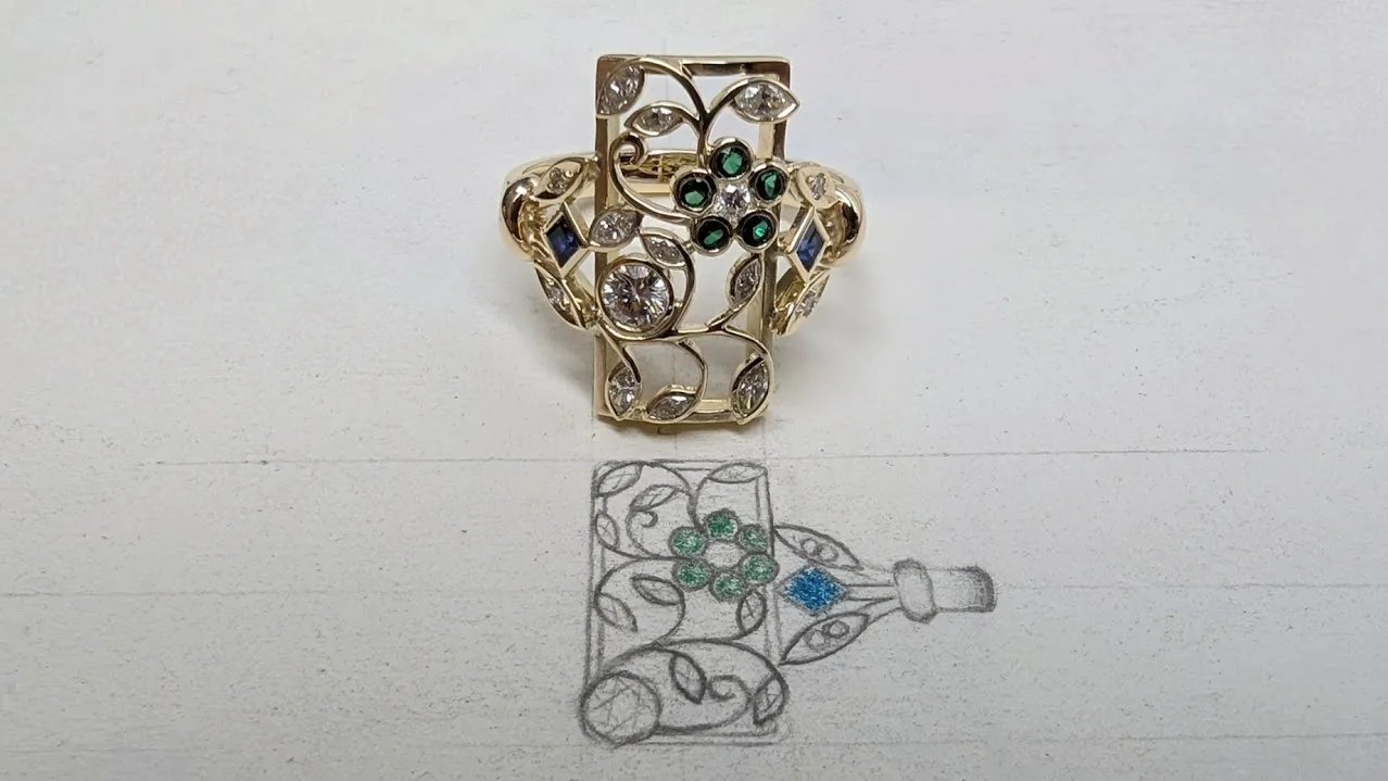 Ornate Floral Gold, Emerald, Sapphire, Diamond Ring. Bespoke Design Handmade by Canterbury Kent Jewellers