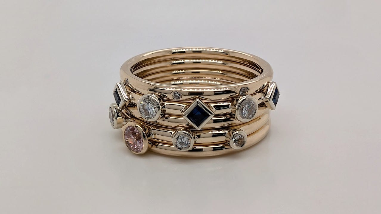 Gold, Diamond, Sapphire, Emerald Stackable Rings Set. Bespoke Design Handmade by Canterbury Kent Jewellers