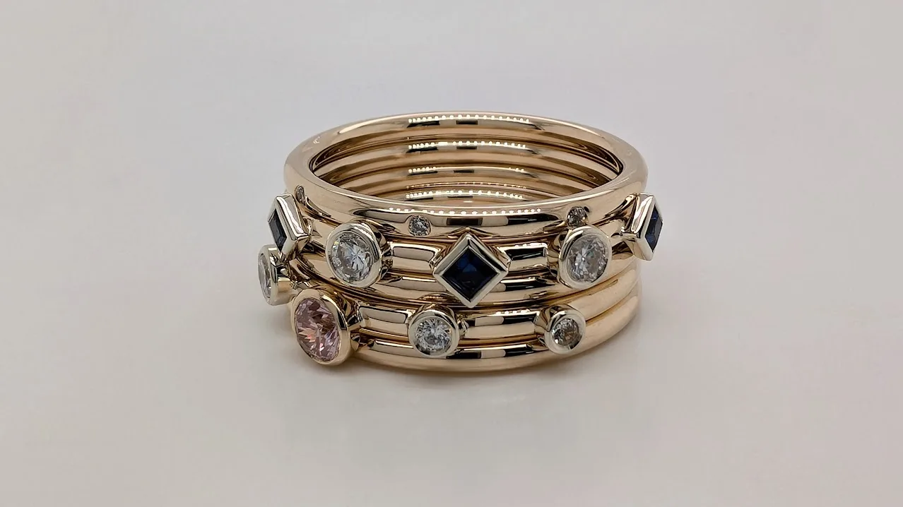 Gold, Diamond, Sapphire, Emerald Stackable Rings Set. Bespoke Design Handmade by Canterbury Kent Jewellers