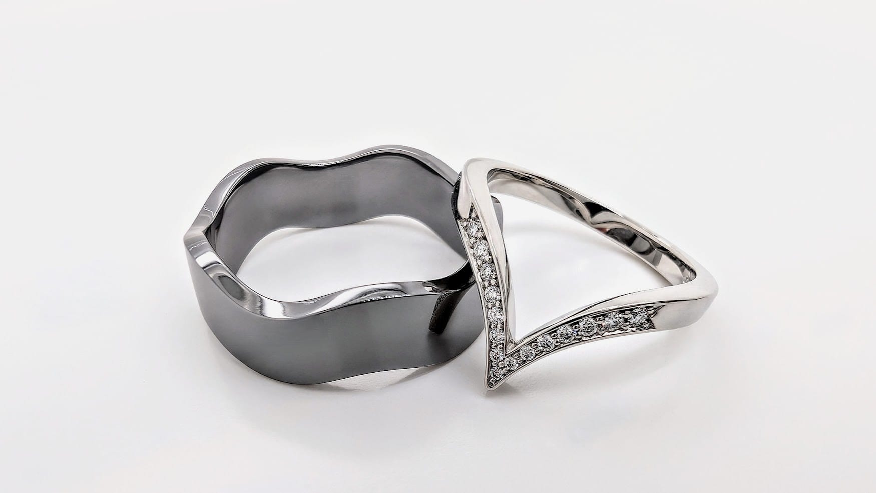 Platinum, Diamond, Tantalum Curved Wedding Rings. Bespoke Design Handmade by Canterbury Kent Jewellers