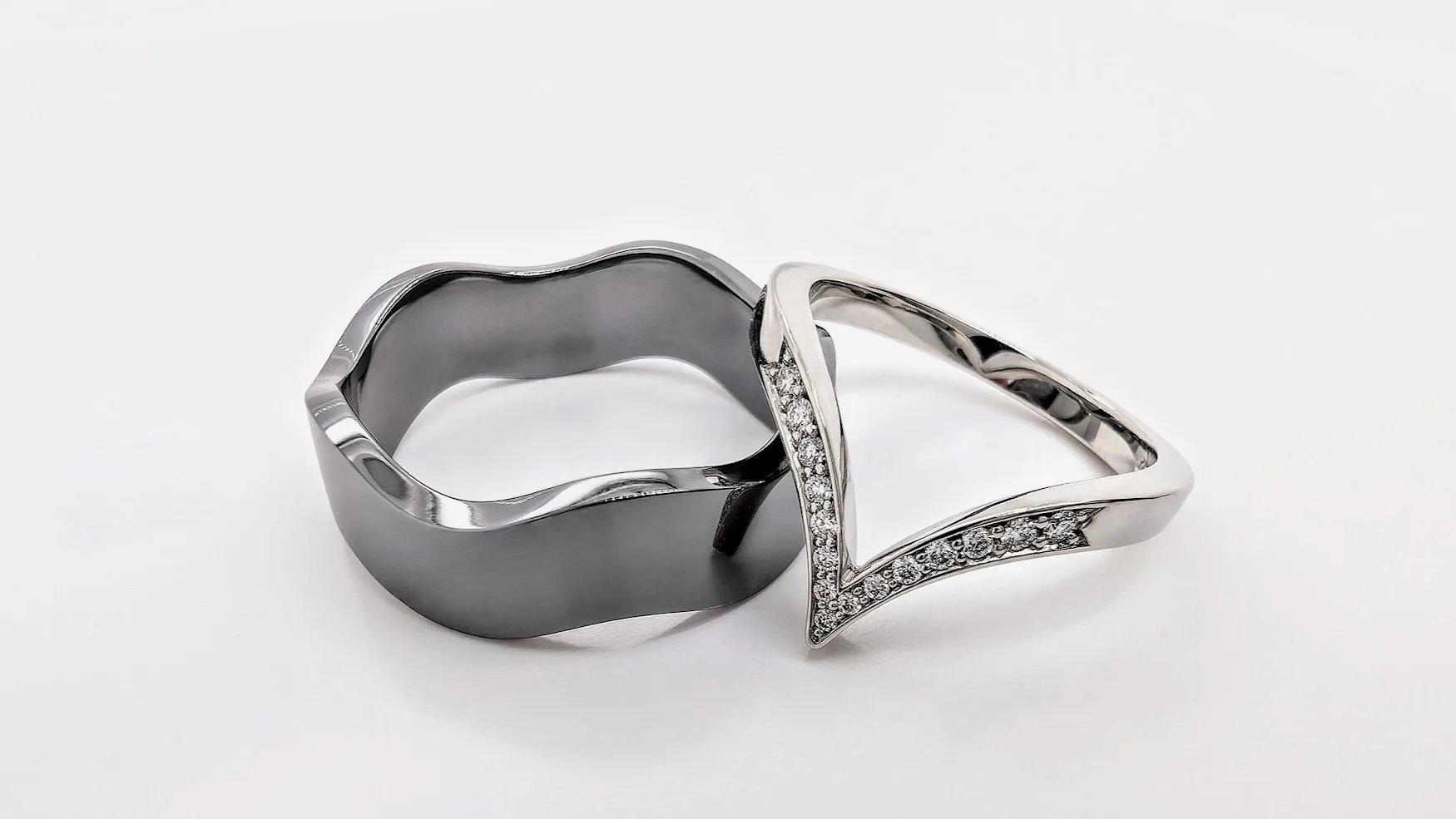 Platinum, Diamond, Tantalum Curved Wedding Rings. Bespoke Design Handmade by Canterbury Kent Jewellers